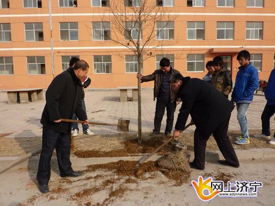 汶上县白石镇中学组织学生参与绿化美化校园活动